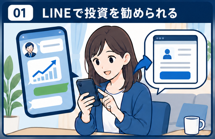 LINE上で投資を勧められ口座開設を案内される場面