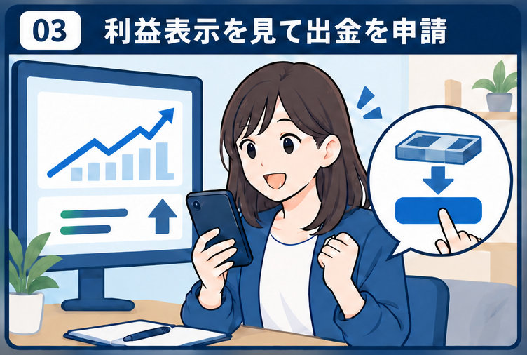 大きな利益表示を見て出金を申請する場面