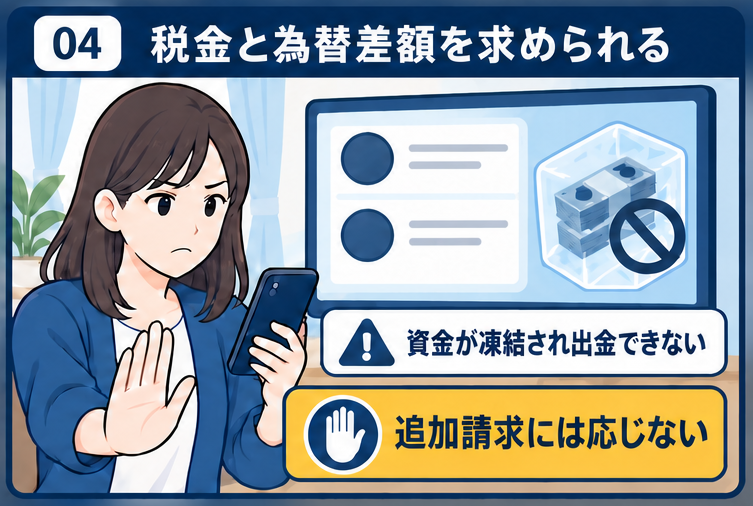 税金と為替差額を求められ追加送金を止める場面