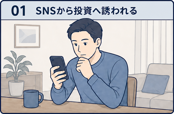 SNSの接触からメッセージアプリへ移り投資を案内される場面