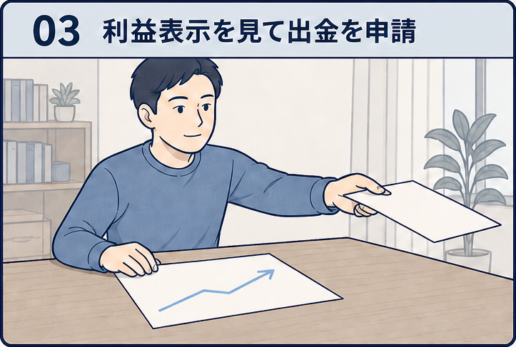 増えたように見える利益表示を見て出金を申請する場面