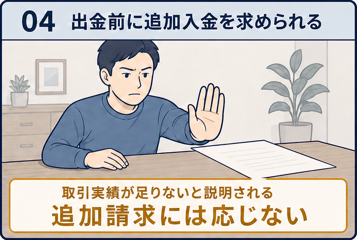 出金前に追加入金を求められ追加送金を止める場面