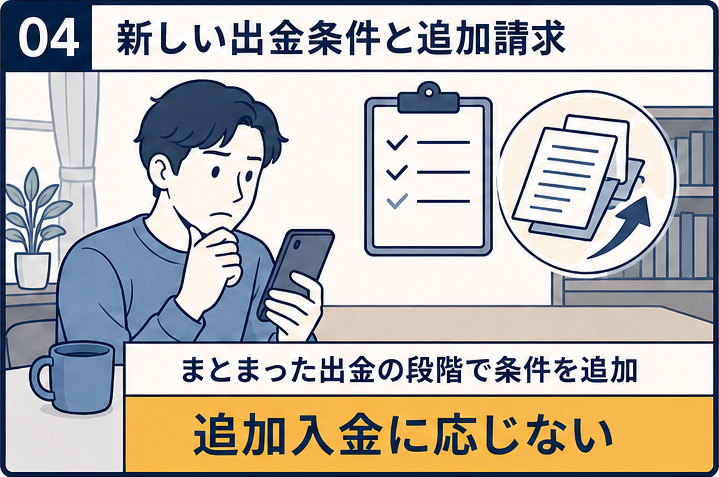 まとまった出金時に新しい条件と追加入金を求められ、支払いを止める場面