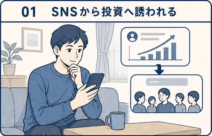 SNSの副業案内からメッセージアプリの投資グループへ移る場面