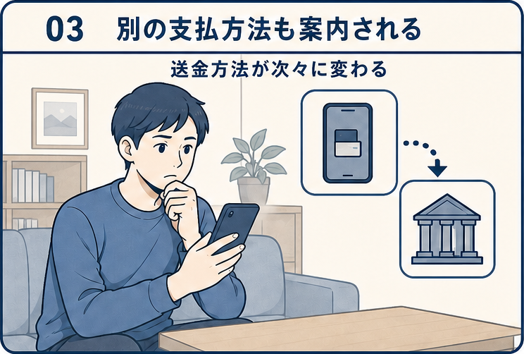 暗号資産送付後に別の決済で支払い銀行振込も案内される場面