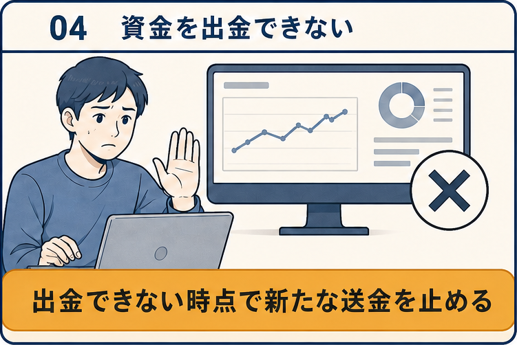 画面上の資金を出金できず新たな送金を止める場面